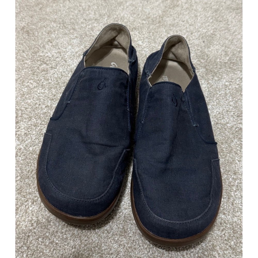OluKai Nohea Moku Mens 12 Navy Blue Textile Slip On Loafer Shoes 10178-DEDE